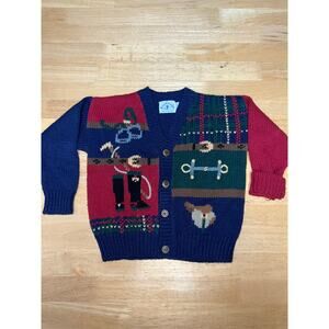 Vintage Toddler Knit Sweater Western Themed Kids Multicolor Button Up 4T
